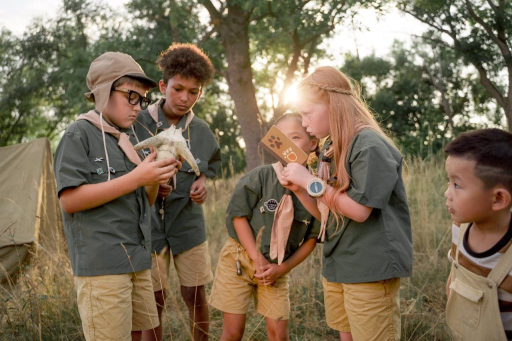 group-of-kids-on-a-camping-9302795 Group of children examining nature during summer camp, enjoying outdoor adventure.